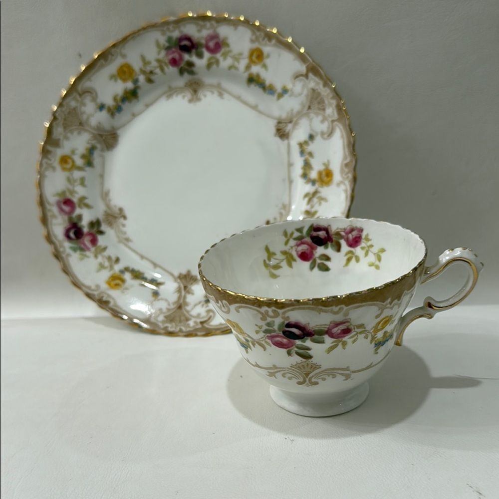 Langton England Elegant White Gold Pink 7 In Saucer 8 Oz Tea Cup 1793 Porcelain